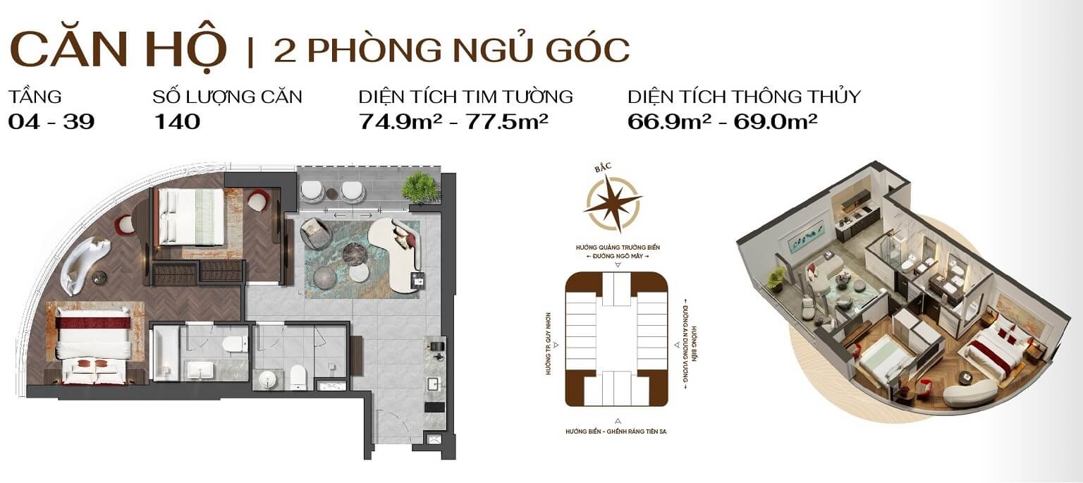 Q1 TOWER 37 Thiet ke can ho 2 phong ngu goc Q1 Tower Quy Nhon