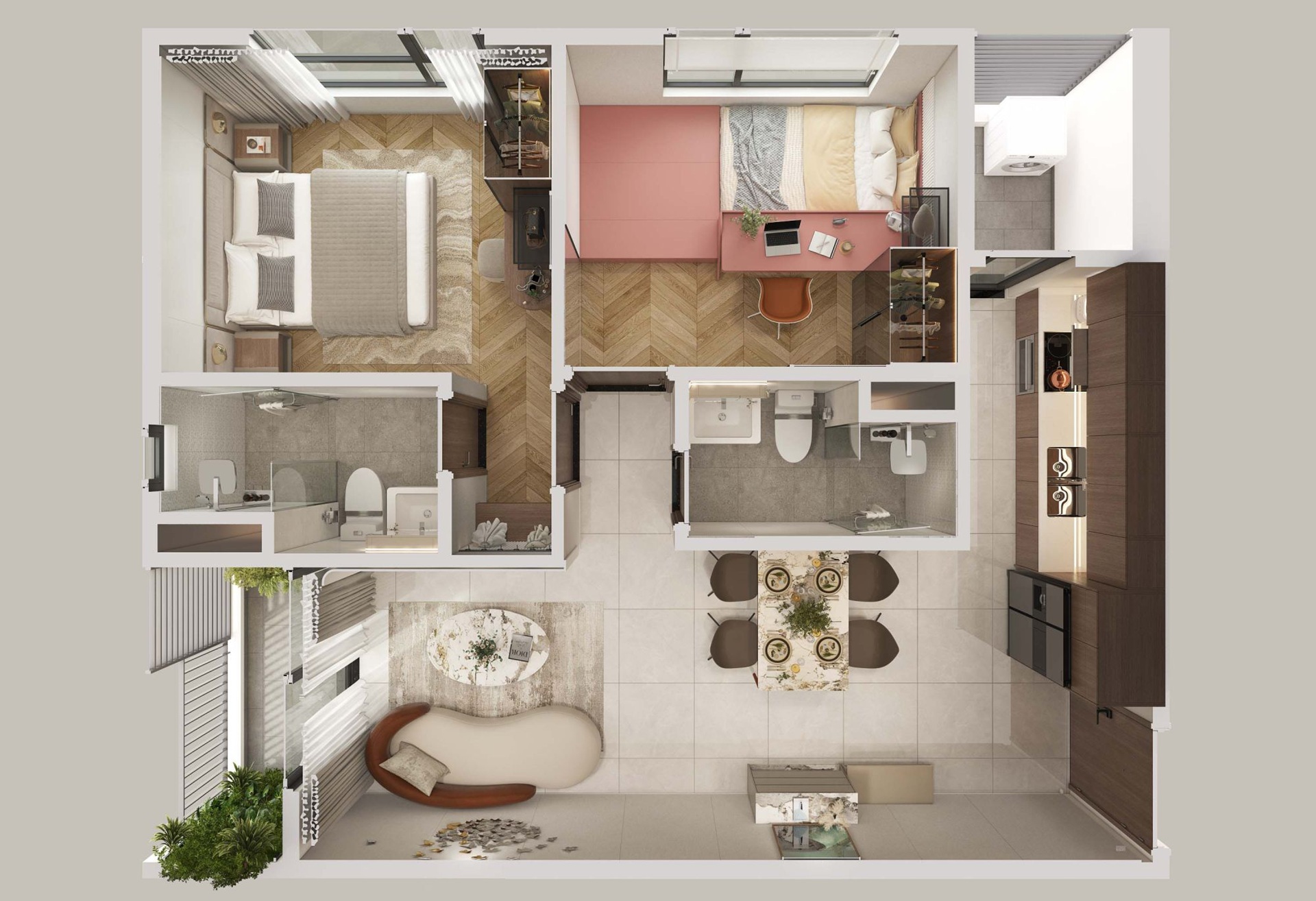 Thiet ke 2PN 2WC can ho Fenica