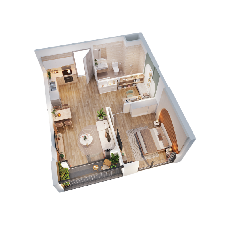 Thiet ke 1PN 46 – 55.8m² Palm River